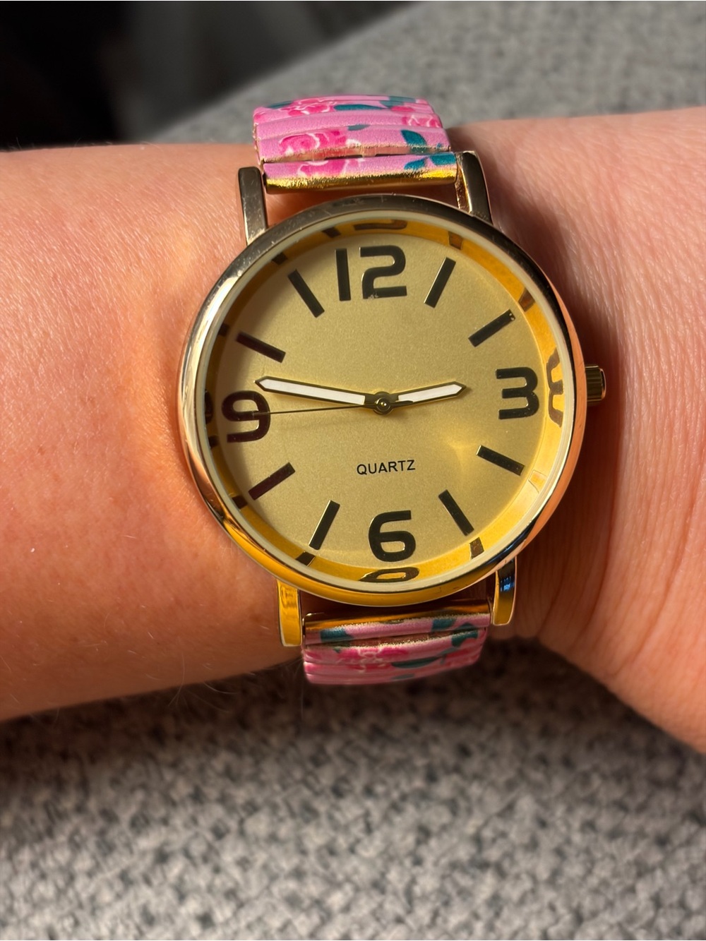 Gold Dial Watch with Pink Floral Strap